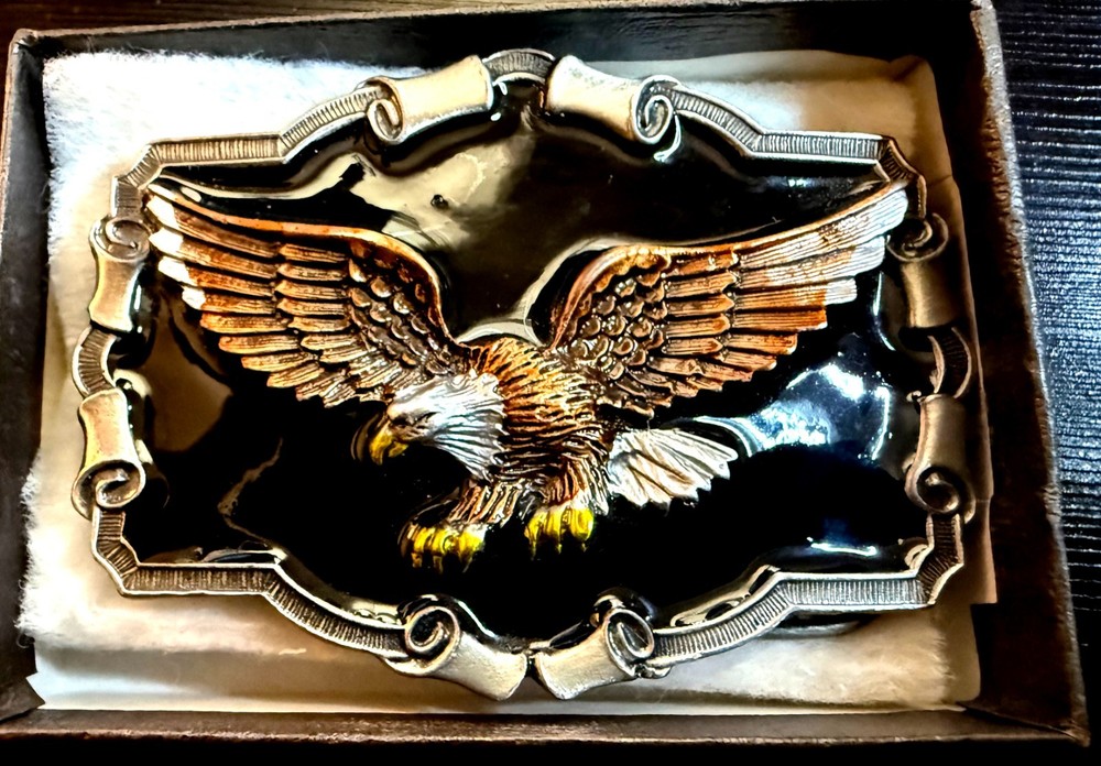 1983 Great American Buckle Co Pewter Black Enamel Bald Eagle Belt Buckle- in box