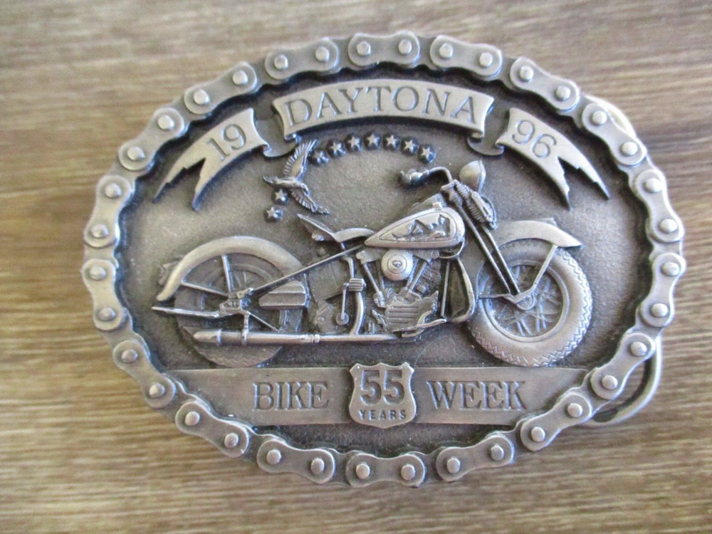 Motorcycle Daytona Bike Week Belt Buckle Tree 1996 Pewter Girl on Tank 55 YEARS