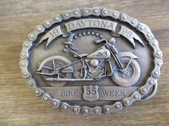 Motorcycle Daytona Bike Week Belt Buckle Tree 1996 Pewter Girl on Tank 55 YEARS