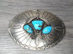 Vtg Stamped Artist R.Bennett Nickel Silver Three Gemstone Turquoise Belt Buckle