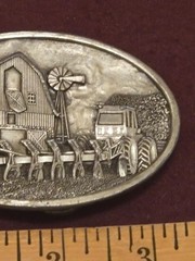 VTG Belt Buckle BARN 1984 Bergamot Brass Works Pewter Farming T 149 Made in USA
