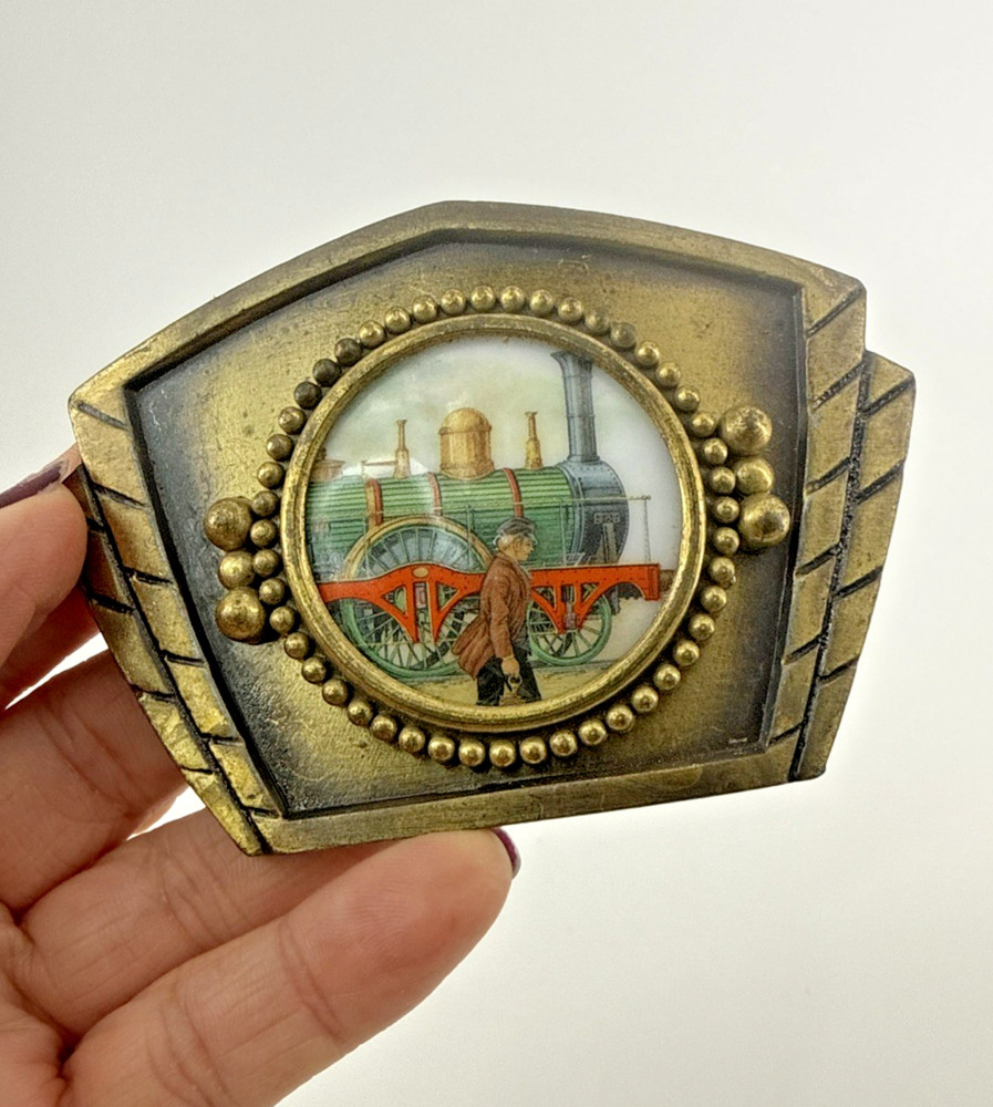 Vintage Railroad Metal Locomotive Belt Buckle Ceramic Inlay Train Collectible