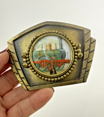 Vintage Railroad Metal Locomotive Belt Buckle Ceramic Inlay Train Collectible