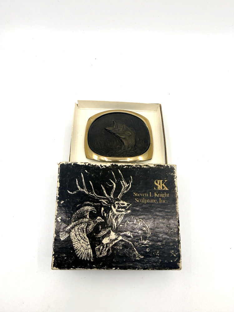 Steven L Knight Sculpture Bass Fly Fishing Belt Buckle Solid Bronze Vintage USA
