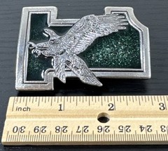 1975 Great American Buckle Co. Eagle On #1 Vtg Belt Buckle Silvertone & Green