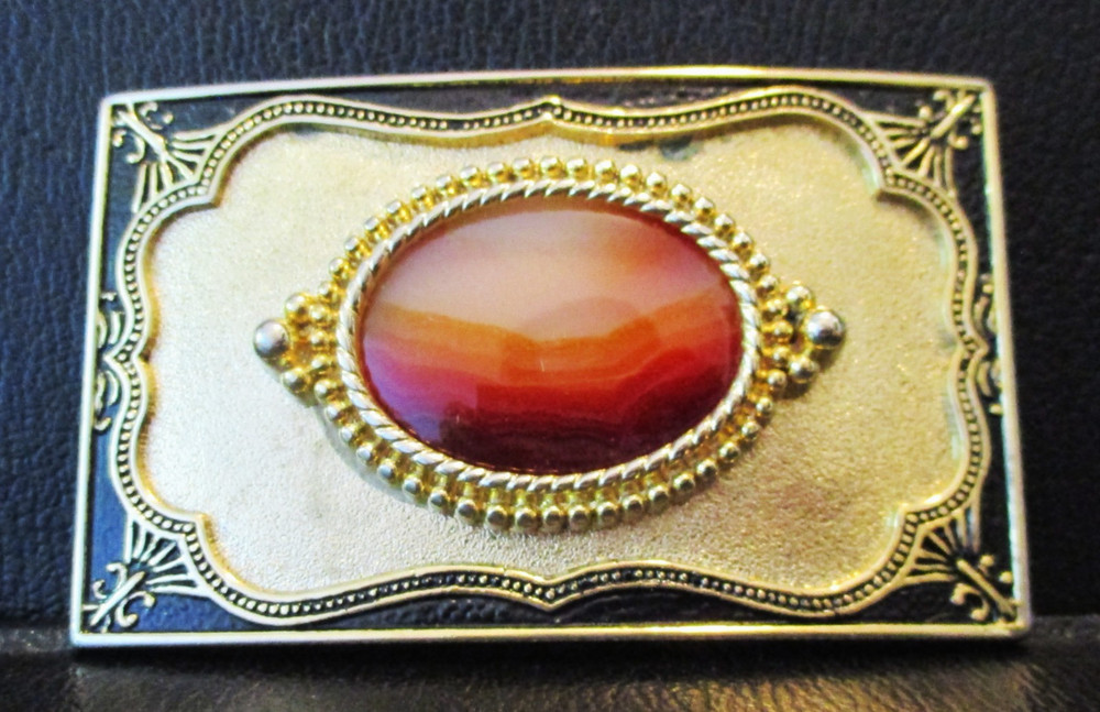 Vintage Square Brass Belt Buckle with Oval Shape Acrylic Looking Brown Stone