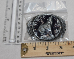 Howling Wolf & Feathers Belt Buckle Blue Acrylic Backing Brushed Silver New