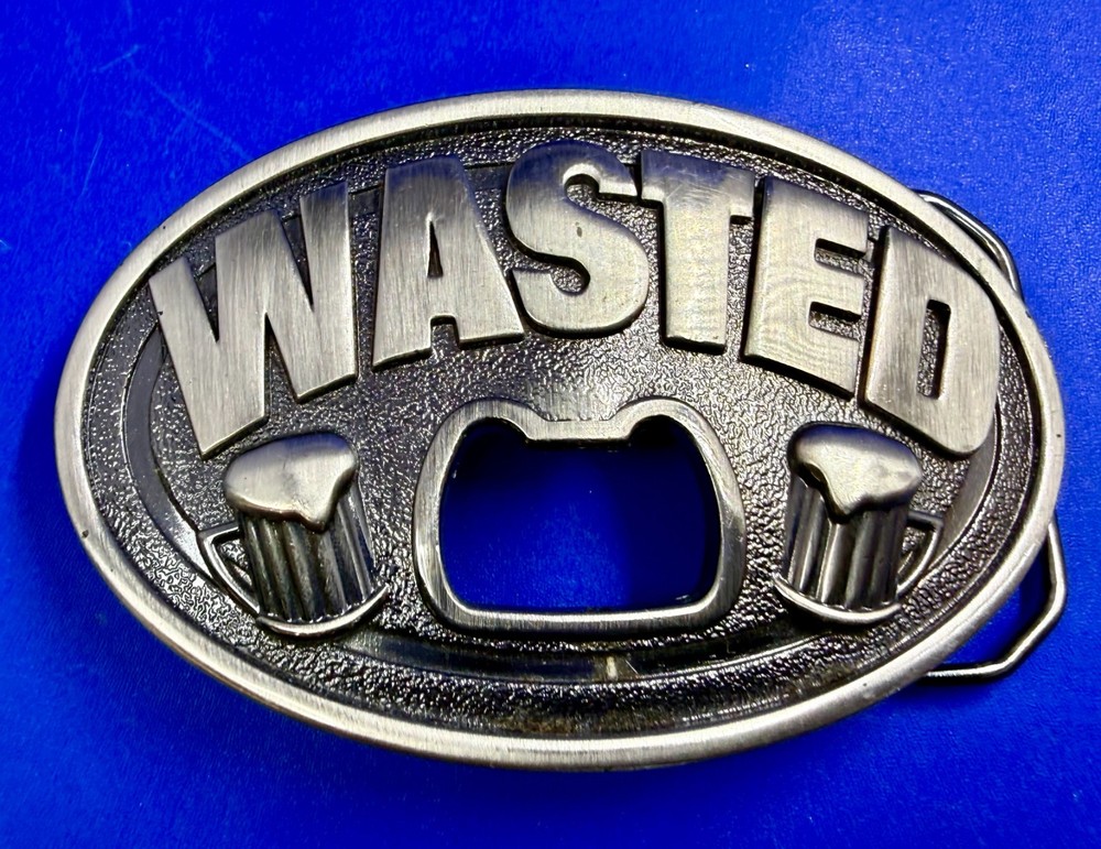 WASTED Statement Funny Novelty Silver Tone KALAN Belt Buckle with Bottle Opener