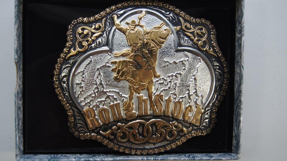 Crumrine Western Belt Buckle Bull Rider Rodeo Roughstock Gold Silver C08669