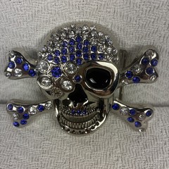 Belt Buckle Skull With Crossbones Blue Clear Rhinestones New No Tags