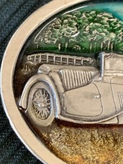 VINTAGE Belt Buckle PEWTER/ENAMEL Antique Convertible Car Fence Farm House 1984