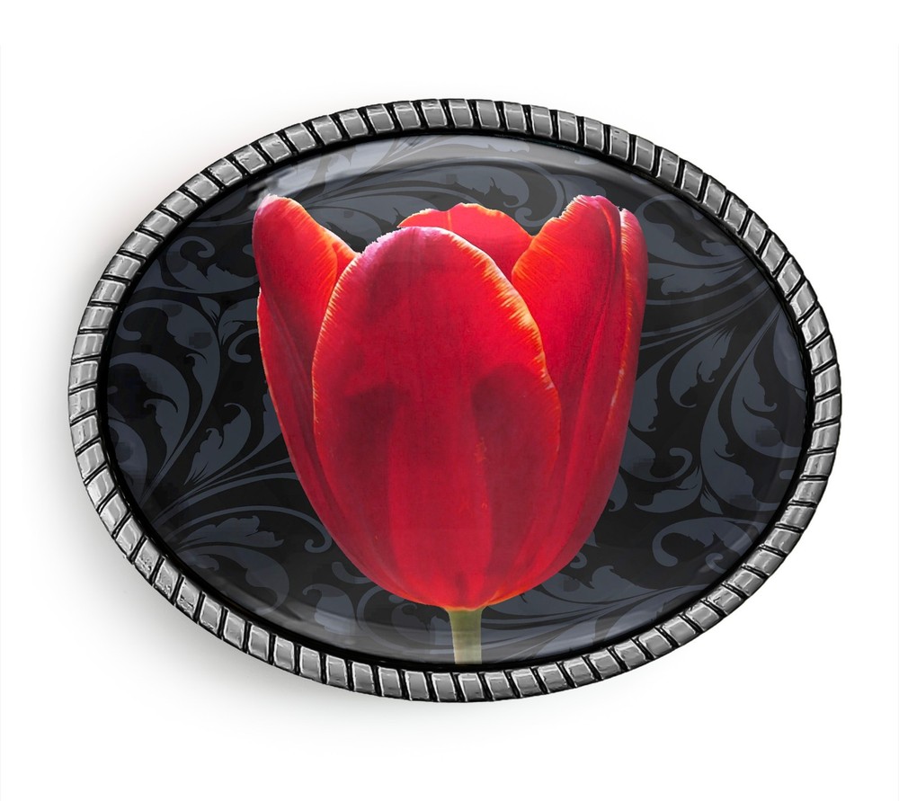 Red Tulip Belt Buckle – Flower Demask Pattern, Silver or Gold, Oval Rope Buckle