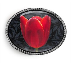 Red Tulip Belt Buckle – Flower Demask Pattern, Silver or Gold, Oval Rope Buckle