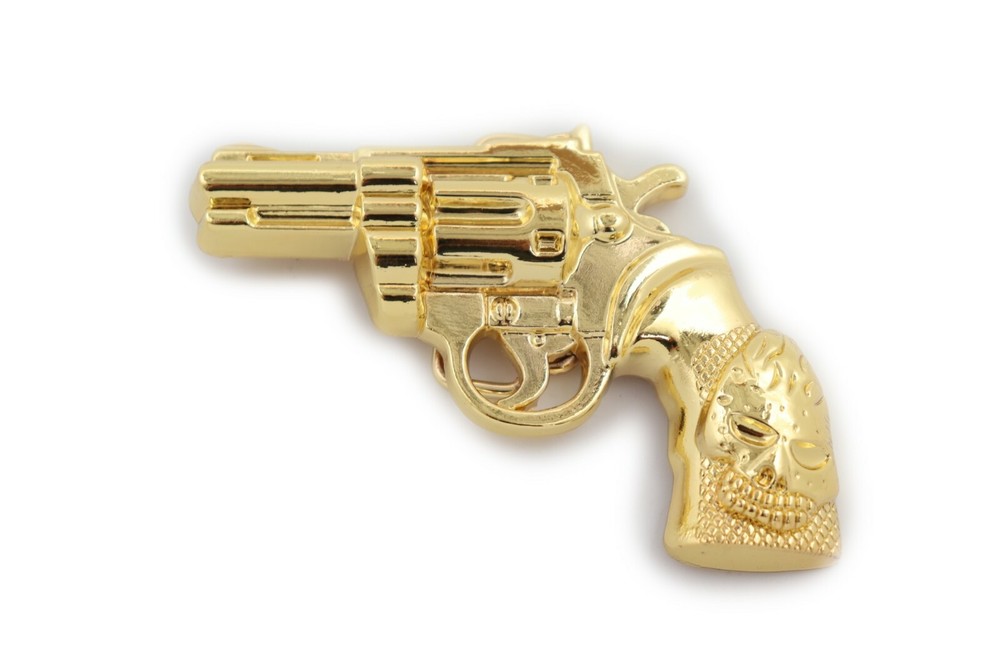 Men Belt Buckle Gold Metal Western Cowboy Pistol Revolver Gun Weapon Skull Head