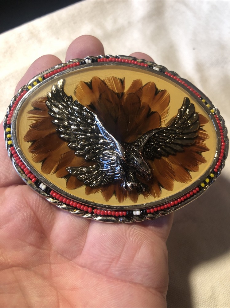 Vintage SSI Diamondback Rattler Eagle USA Belt Buckle Eagle Feathers Beads