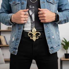 NEW Men Women Gold Metal Belt Buckle Fashion Bling Big Fleur De Lis Lily Flower