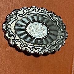 VTG Western Floral Oval BeltBuckle Silver Tone Scalloped Scrollwork Sunburst B21