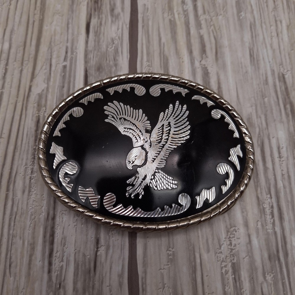 Eagle Belt Buckle Mens One Size Black Silver Oval Western Rope Edge Made USA