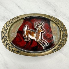 Vintage Aminco 1980 Solid Brass Deer Belt Buckle Red Black Enamel Oval Laurel