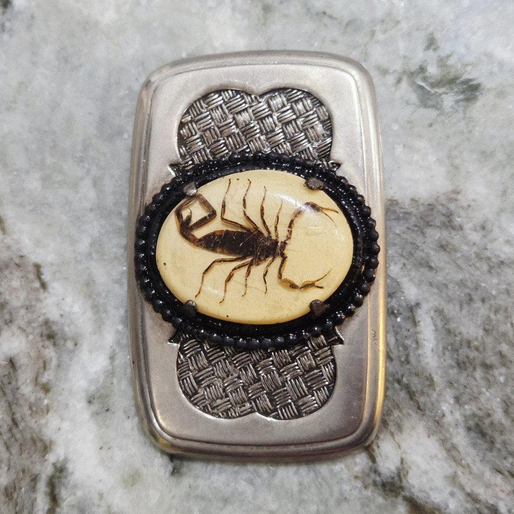 Silver Rectangle Metal Western Belt Buckle Scorpion Inlay Beaded 1.5in Men&rsquo;s