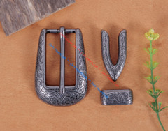 22mm Vintage Silver Flower Engraved Cowboy Western 3 piece belt Pin buckle Set