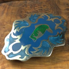 Western Fly Fish Sea Bass Fishing Pearl Blue Green Enamel Cowboy Belt Buckle