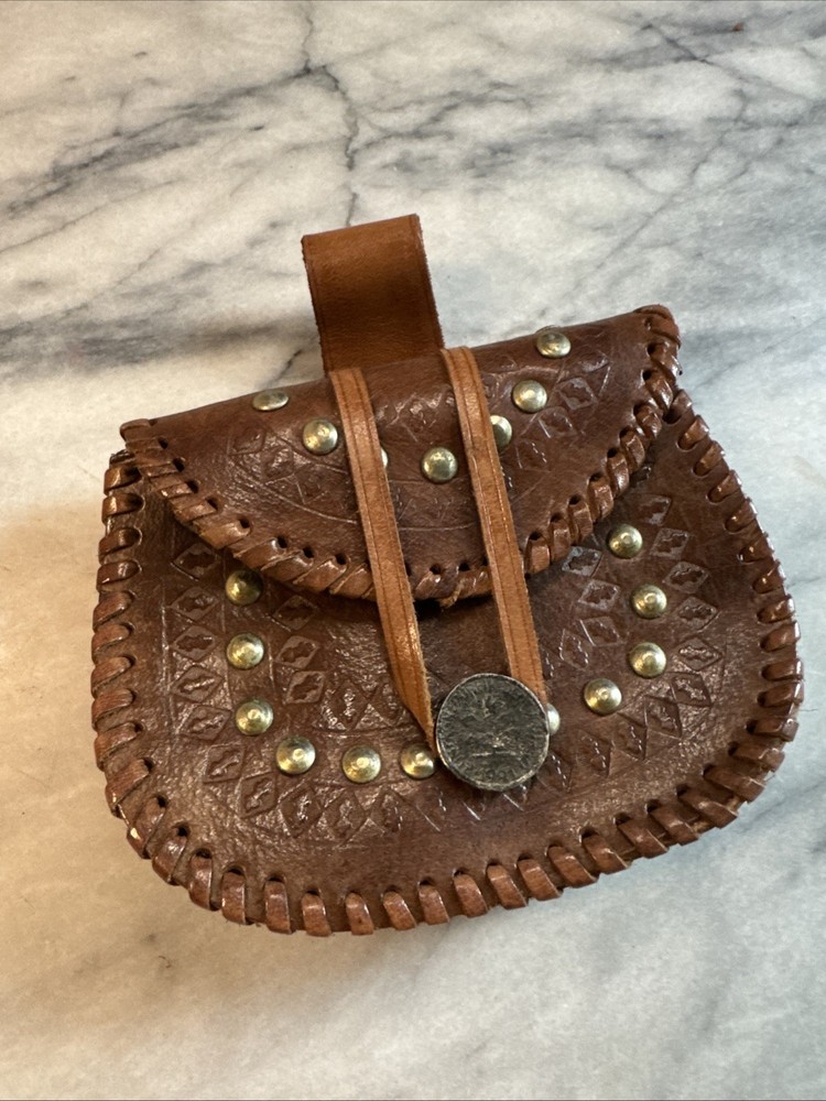 Vintage Boho Festival Leather Belt Bag Pouch Studs Hand Tooled 5.5”W X 4.5”H