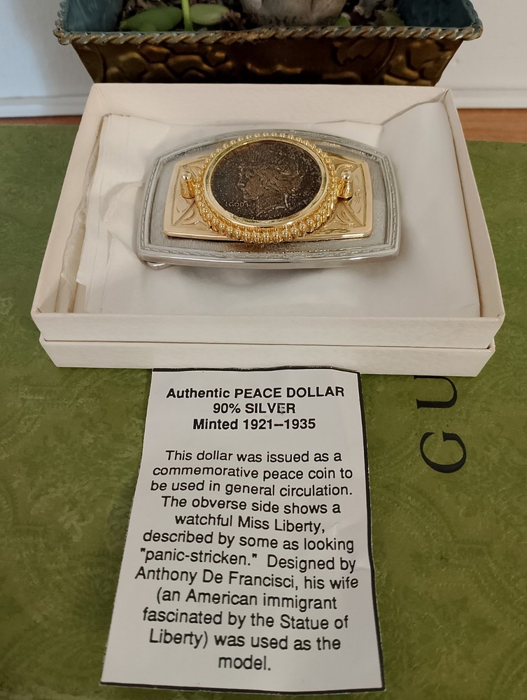 Silver Gold Color REAL 1923 Peace Silver Dollar Rectangle Frame Belt Buckle