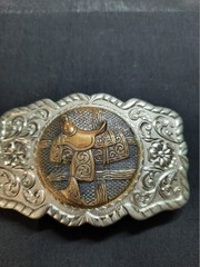 VINTAGE NICKEL SILVER WESTERN SADDLE THEME BELT BUCKLE Intricate Filigree Design