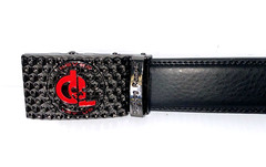 Golf Belt Leather w/Ratchet Buckle Removable Ball Marker Skull Reaper Black Red