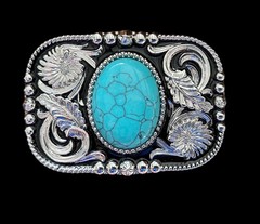Silver Floral Western Belt Buckle Teal Stone Agate Cowboy Snap On 1.5in Strap