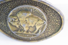 Vtg Brass Buffalo Nickel Bison Hammered Oval Belt Buckle Five Cents Western 70s