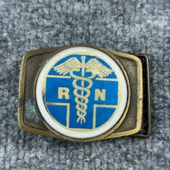 Vintage RN Registered Nurse Belt Buckle Brass Enamel Caduceus Medical Gift 2×3