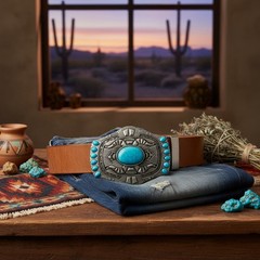 Men Women Silver Metal Big Belt Buckle Southwestern Ethnic Turquoise Blue Beads