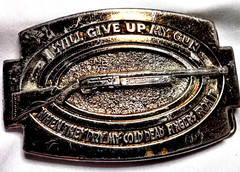 Belt Buckle VTG Cast Brass 1976 Give Up My Gun Pry Cold Dead Fingers From It