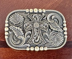 Western Cowboy Belt Buckle with Cross – Antique Bronze Floral Engraved Buckle