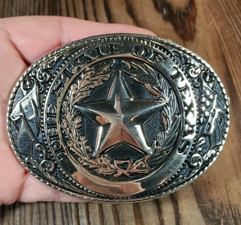 STATE OF TEXAS STAR FLAG WESTERN FLORAL DESIGN BRASS TONED BELT BUCKLE USA MADE