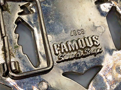 2 vtg belt buckles – Cadillac Emblem U.S. Flag #8387 & 1998 Pewter ARIZONA #265