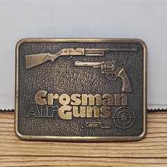 Vtg Crossman Air Guns Brass Belt Buckle Century Canada 2×2.75&Prime; EUC Coleman