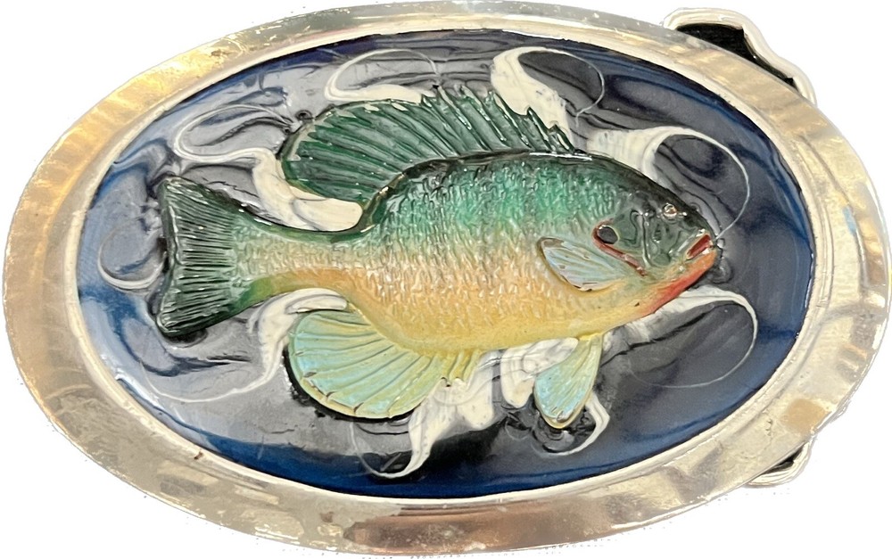 Vintage Silver Fish Belt Buckle Blue White Swirl
