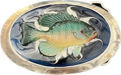 Vintage Silver Fish Belt Buckle Blue White Swirl