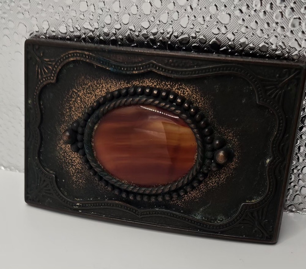 VTG Faux Gemstone Gold Stone Western Cowboy Buckle Copper Tone