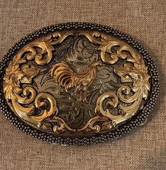 ALSA SILVER & Gold tone OVAL STANDING ROOSTER Belt Buckle