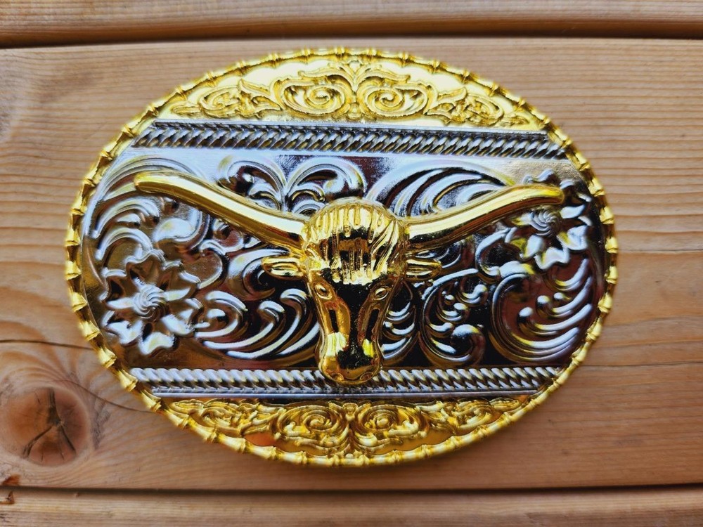 BULL LONGHORN SILVER AND GOLD WESTERN RODEO COWBOY BELT BUCKLE