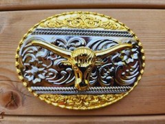 BULL LONGHORN SILVER AND GOLD WESTERN RODEO COWBOY BELT BUCKLE