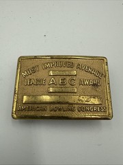Vintage ABC Bowling League Award Brass Belt Buckle Most Improved Average