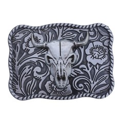 Silver Skull Horns Western Bull Skull Belt Buckle Engraved Cowboy 3.5 x 2.5