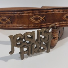 Jesus First Belt Buckle Solid Brass Vintage Handmade Leather Icthus belt 33&Prime;-37&Prime;