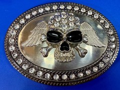 Skull Wings Crossbones with Clear Rhinestone Halloween Gothic LARGE Belt Buckle