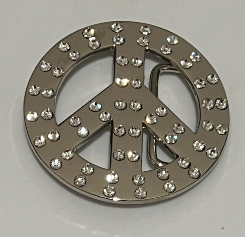 Rhinestone Peace Sign Belt Buckle Silver Tone 3&Prime; Diameter